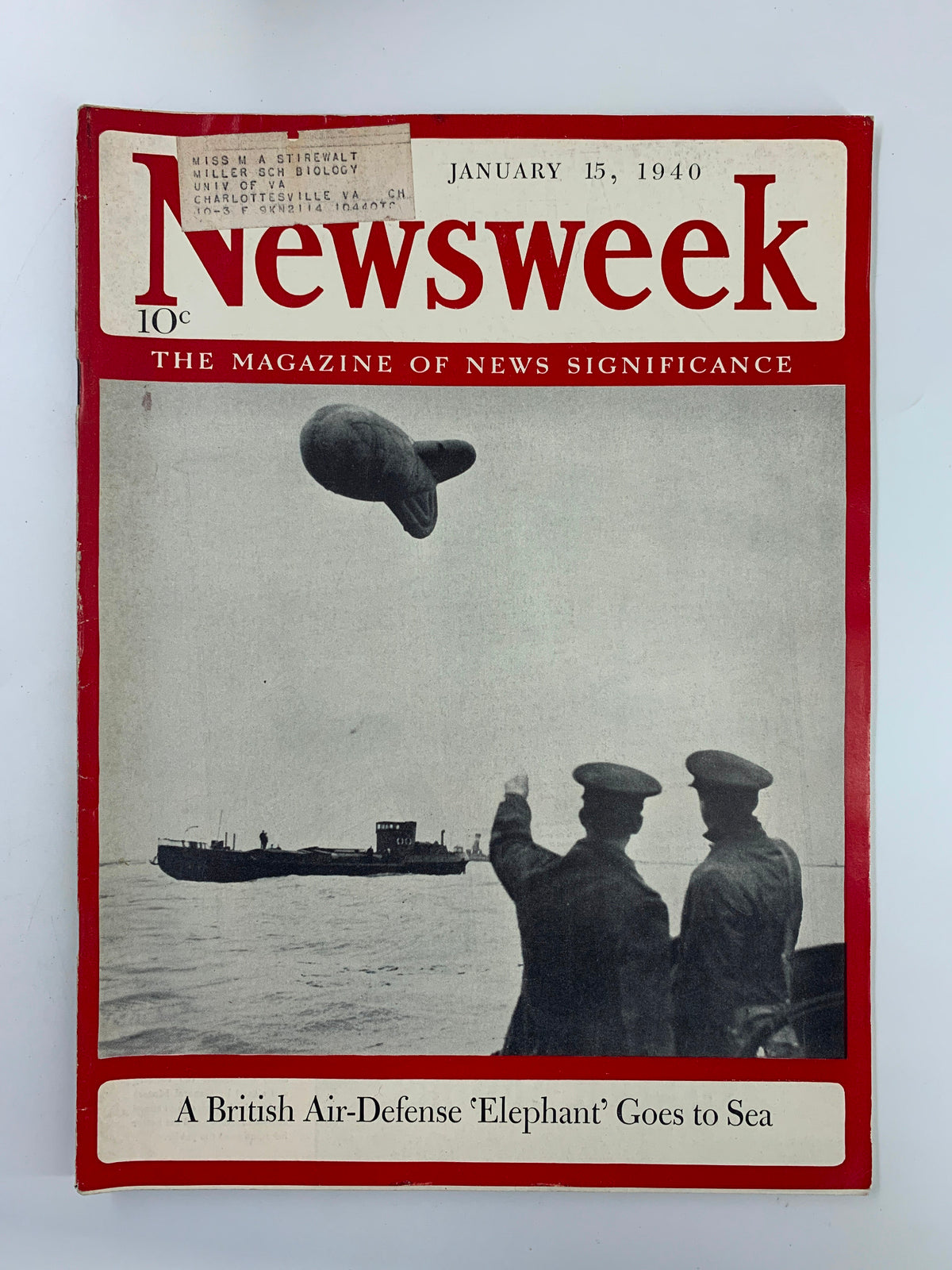VTG Newsweek Magazine from January 15, 1940 featuring the cover story 'A British Air-Defense Elephant Goes To Sea'. The magazine cover displays historical imagery and text highlighting its significance in vintage publication history.