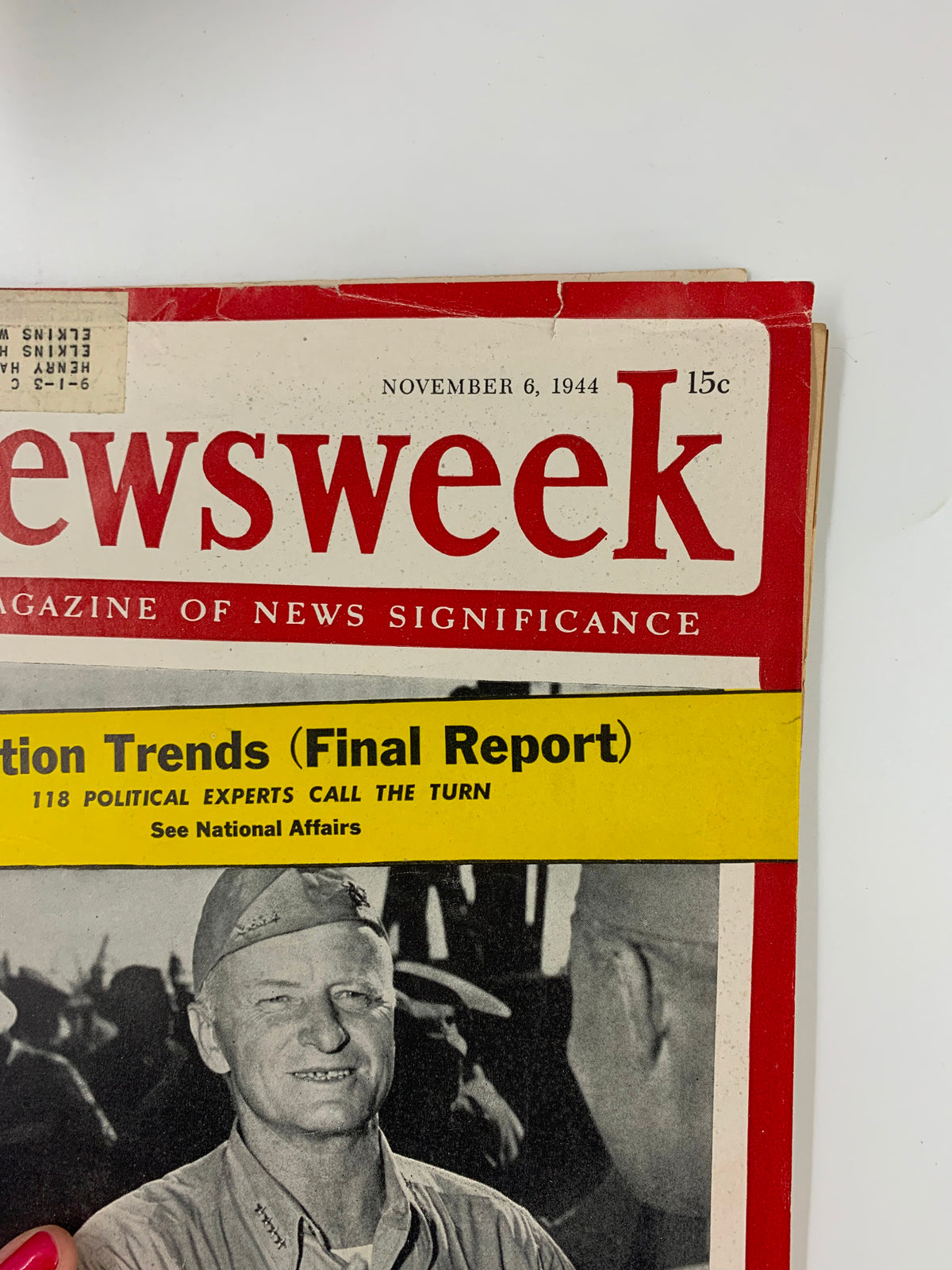 Another angle of the cover of the VTG Newsweek Magazine from November 6, 1944, highlighting the title and features related to Admiral Nimitz and World War II.