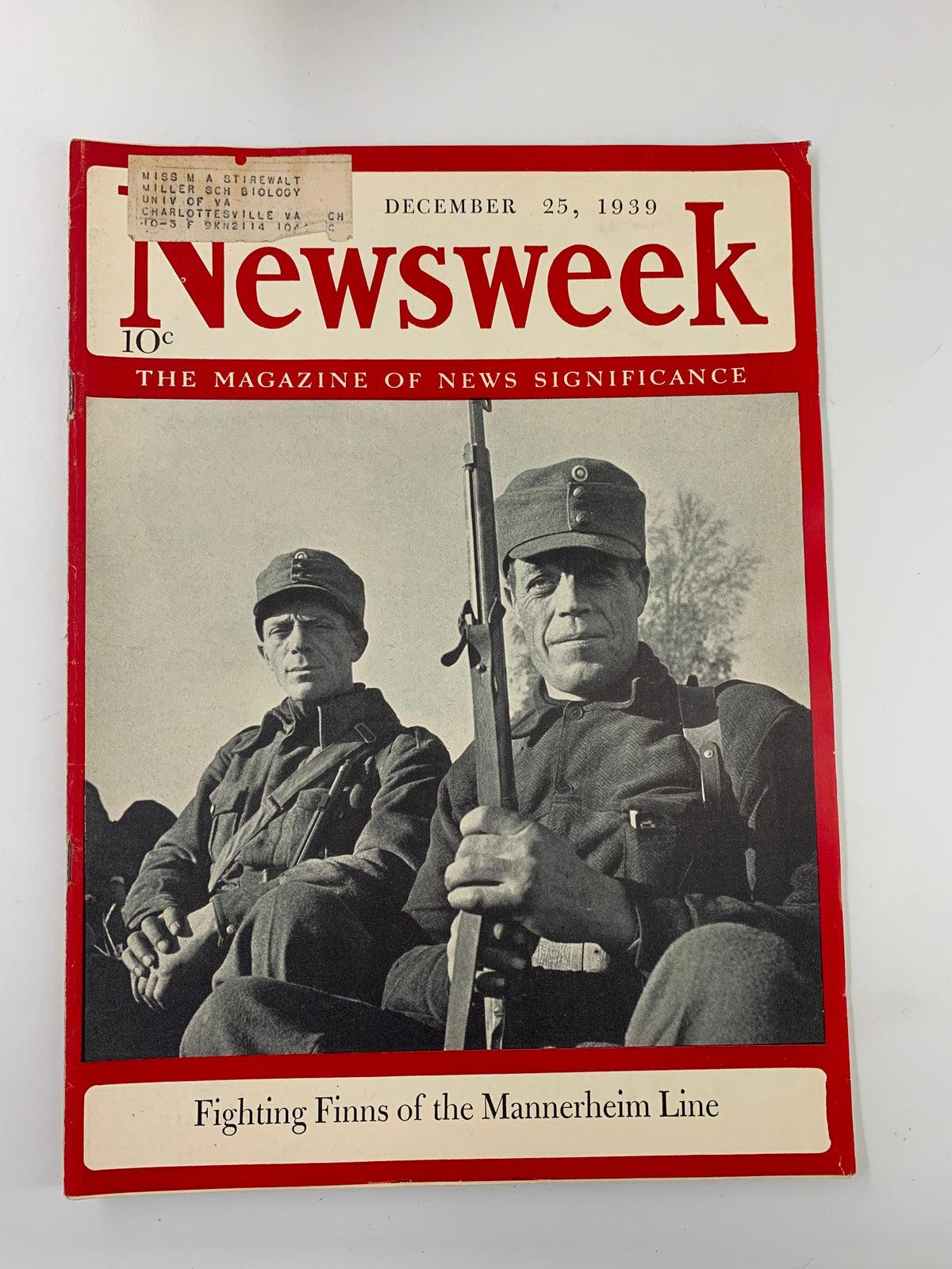 VTG Newsweek Magazine December 25, 1939 featuring a cover image of Finnish soldiers from the Mannerheim Line during the Winter War, highlighting the challenges faced by the 'Fighting Finns'.