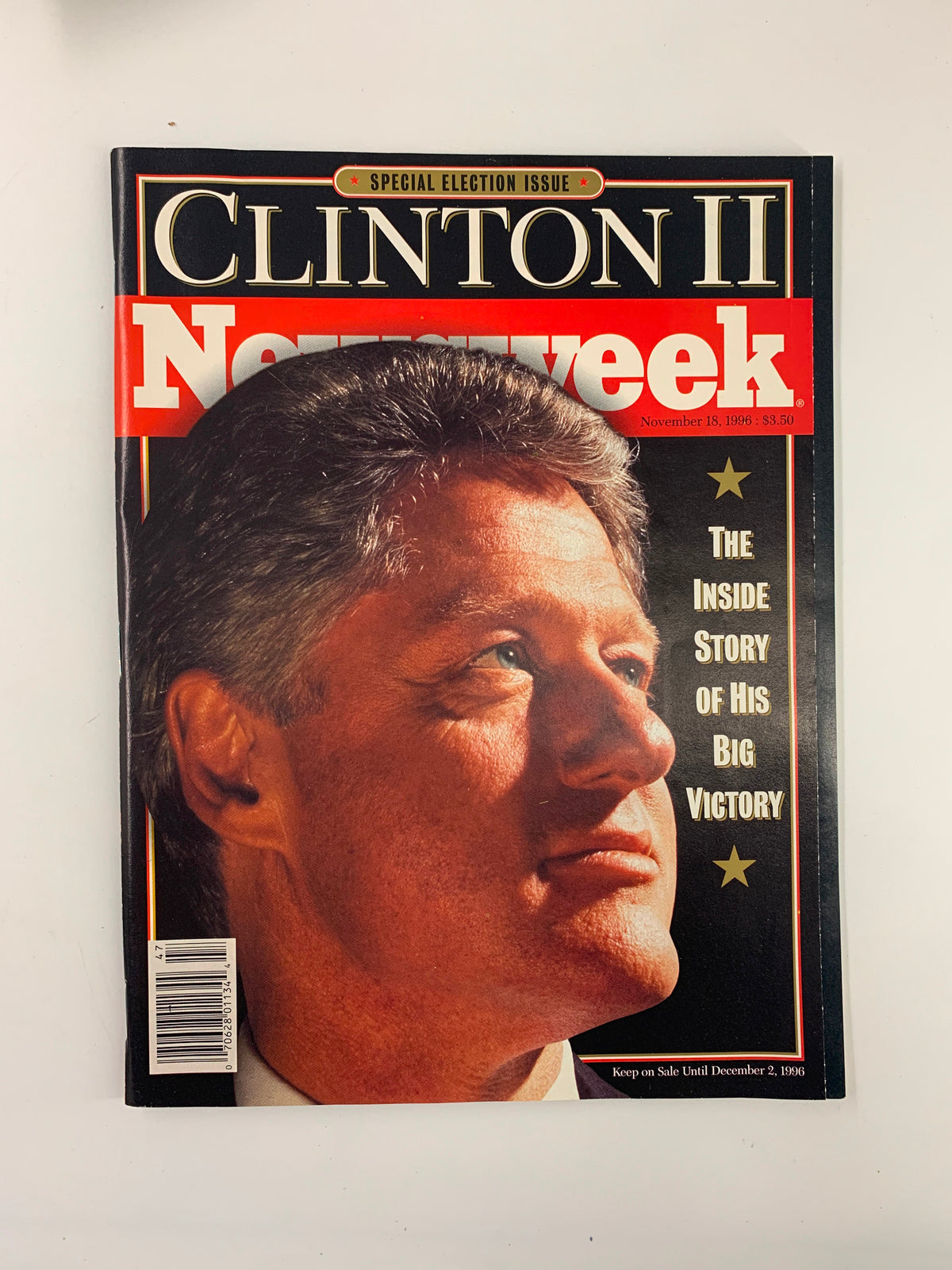 Cover of Newsweek Magazine from November 18, 1996, featuring Bill Clinton with the headline 'The Inside Story of His Big Victory'. This special election issue showcases Clinton’s victory and offers insights into the political landscape of the time.