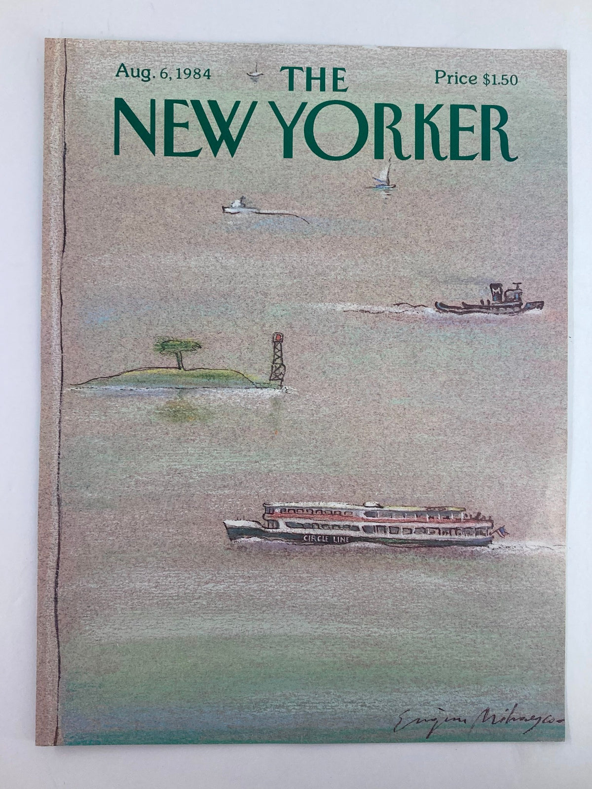 Cover of The New Yorker August 6, 1984, depicting 'Ocean Vehicles' by Eugene Mihaesco, illustrating maritime vessels and serene oceanic background.