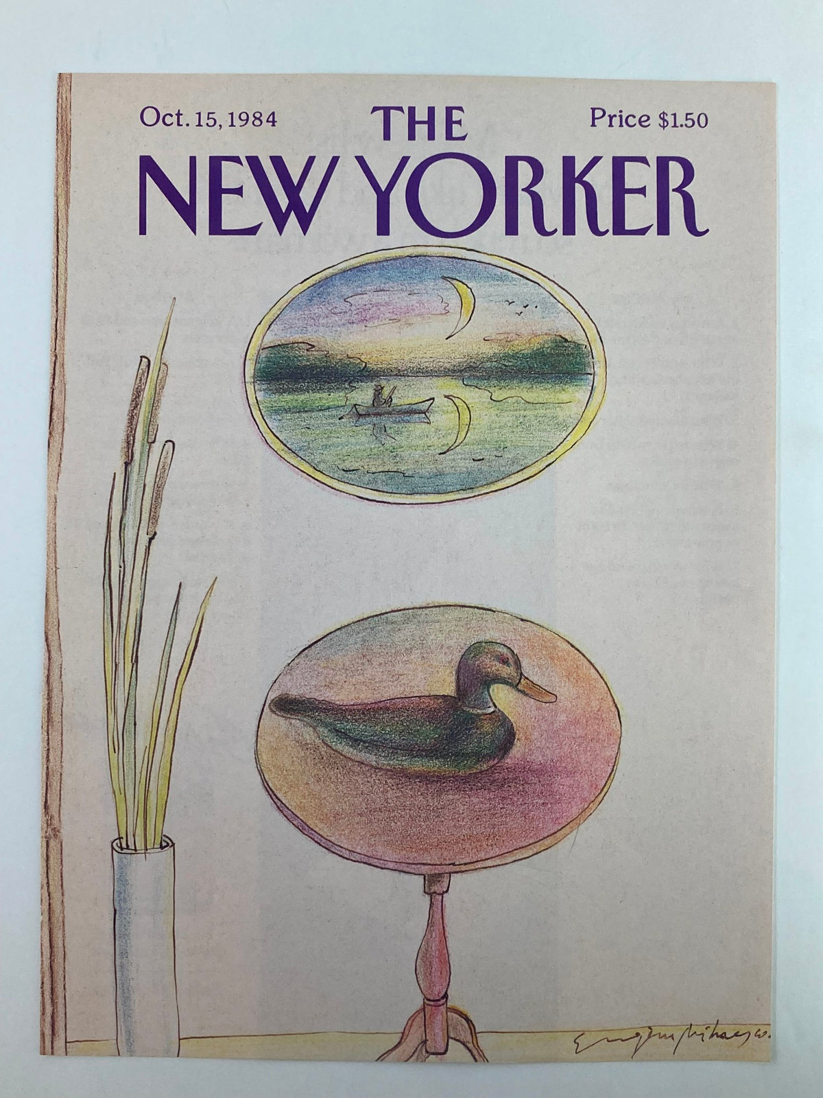 The New Yorker cover dated October 15, 1984, illustrating the artwork 'Duck Reflection' by Eugene Mihaesco, depicting a duck on a round table amid natural elements.