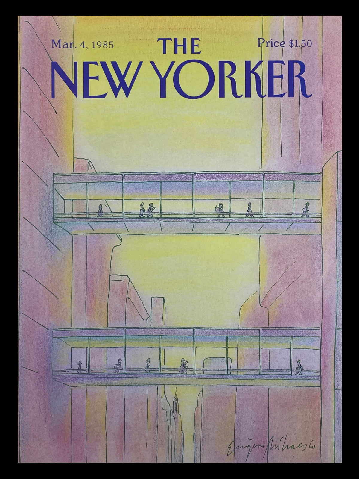 The New Yorker March 4 1985 cover featuring the 'Glass Bridge' artwork by Eugene Mihaesco, showcasing a colorful illustration depicting pedestrians on a glass walkway amidst abstract architectural structures.