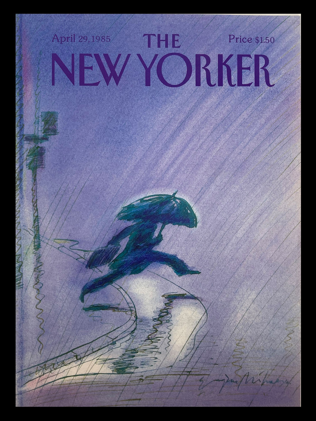 Cover of The New Yorker, April 29, 1985, featuring the artwork 'Rainy Night' by Eugene Mihaesco, showcasing a figure with an umbrella in a rainy cityscape.