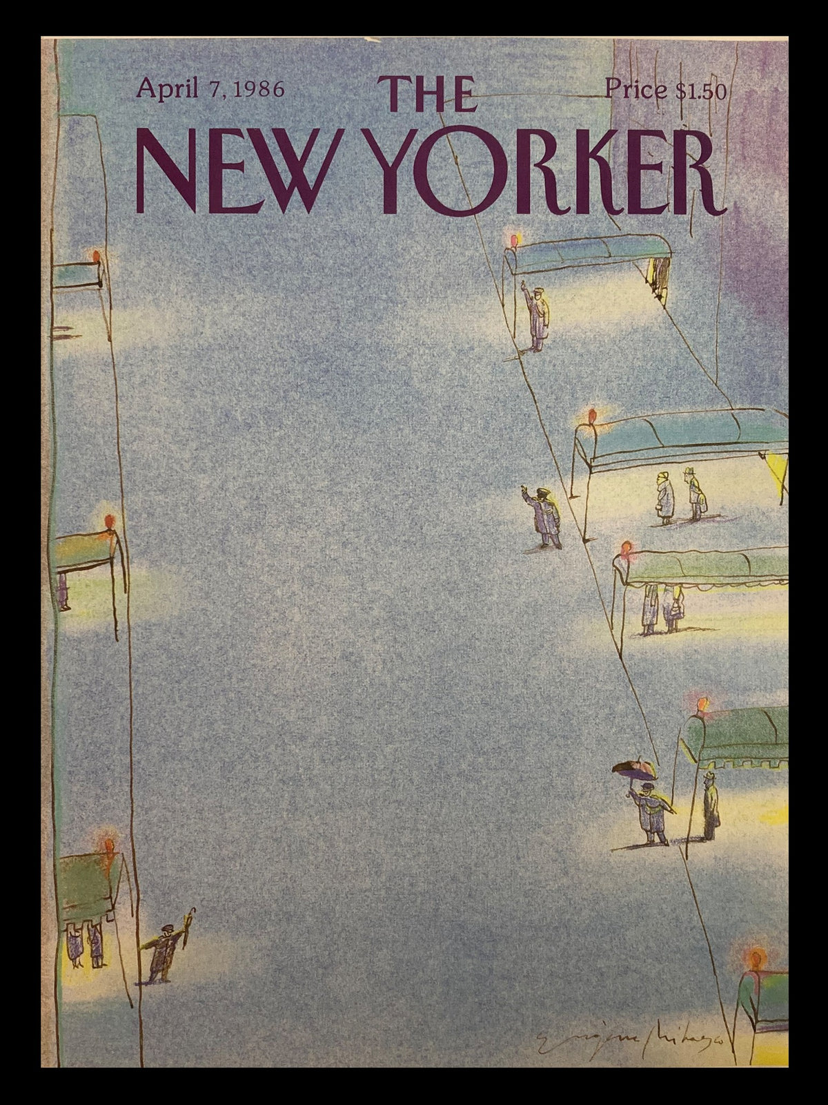 Cover art of The New Yorker dated April 7, 1986, titled 'Waiting for Taxi' by Eugene Mihaesco, featuring a pastel-colored city scene with people waiting for taxis.