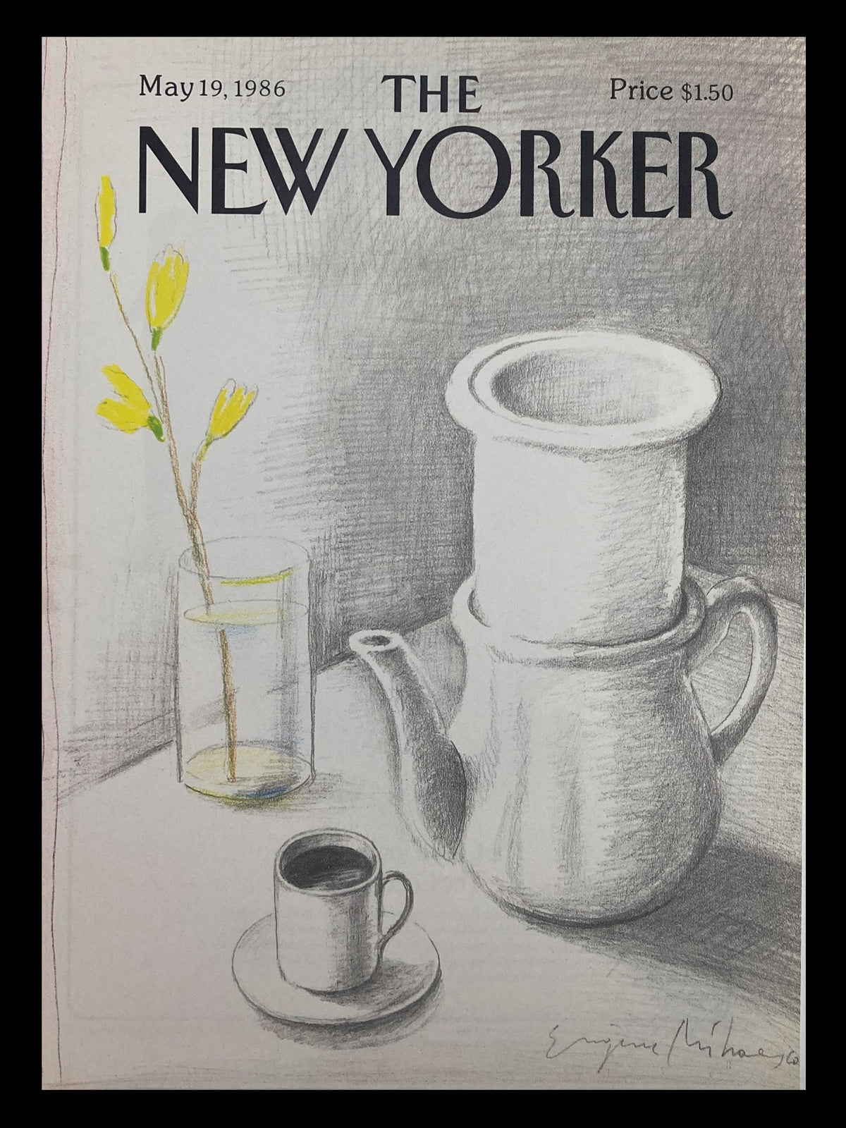 Cover of The New Yorker dated May 19, 1986, featuring an illustration titled 'Tea Time Daisy' by Eugene Mihaesco, showcasing a teapot, cup, and flowers.