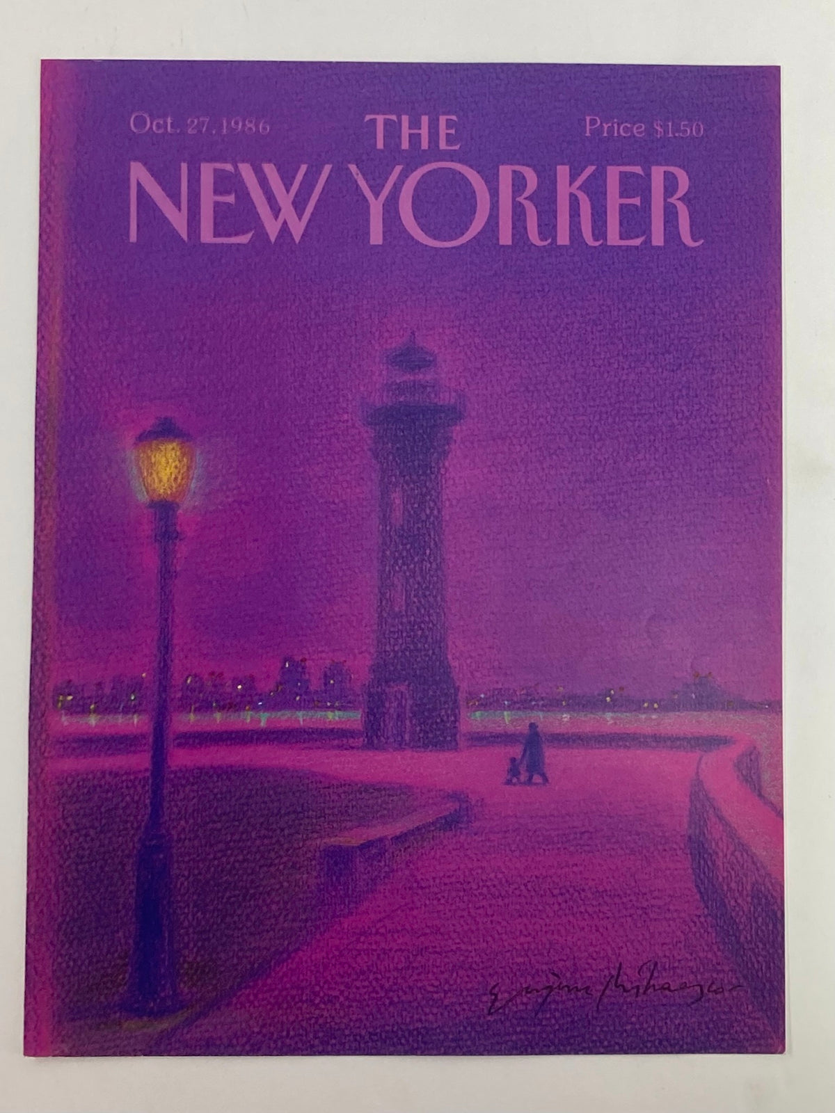 The New Yorker October 27, 1986 cover depicting a lighthouse illustration by Eugene Mihaesco with striking colors and details, perfect for art and magazine collectors.