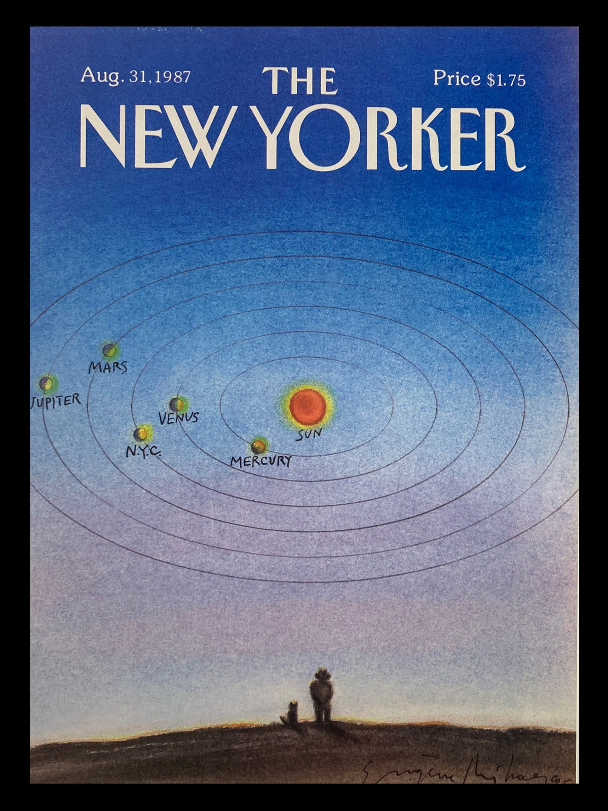 Cover of The New Yorker from August 31, 1987, titled 'Planets & The Sun' by Eugene Mihaesco, featuring planets in the solar system with a sunset backdrop.