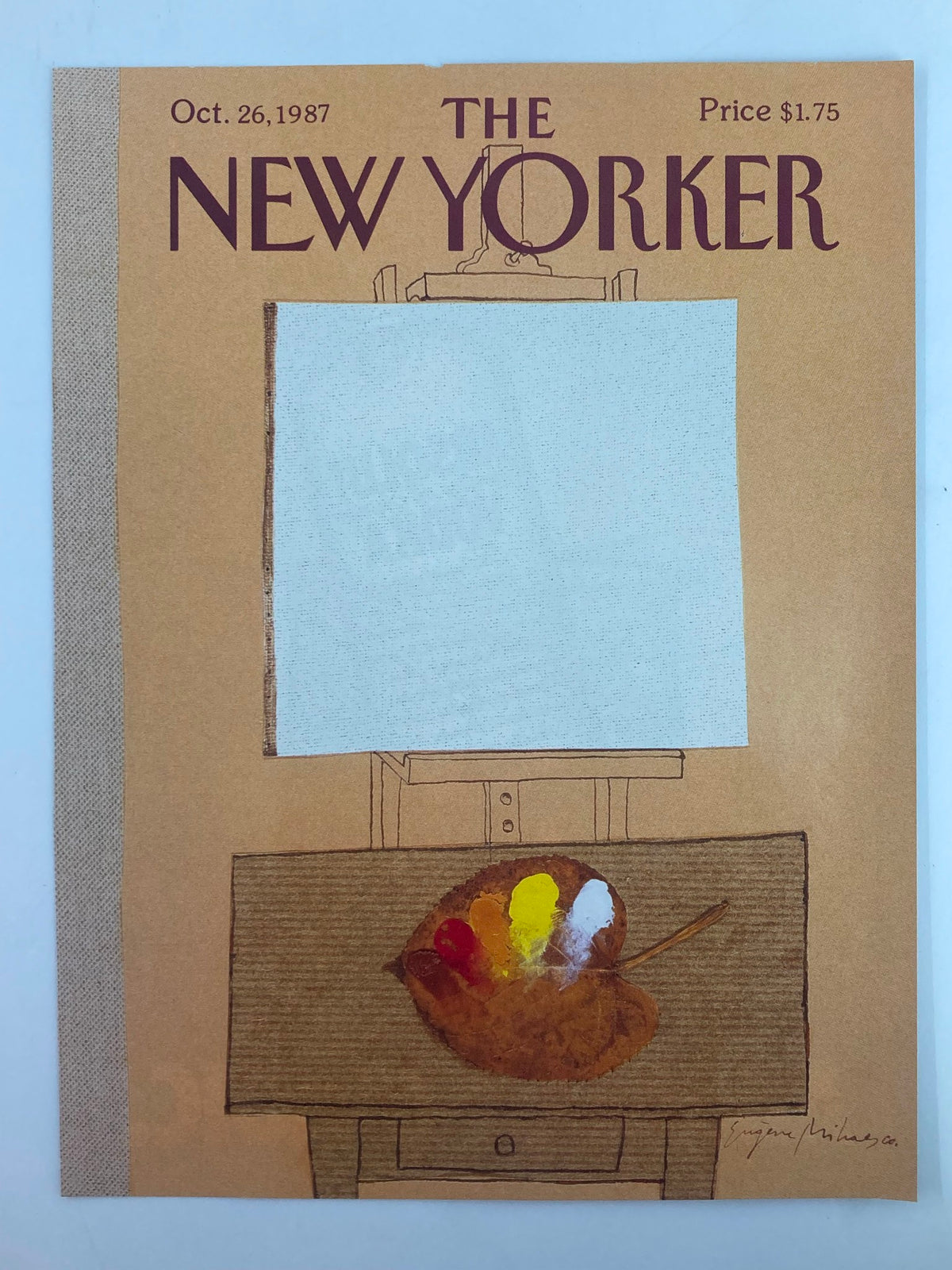 Cover of The New Yorker magazine from October 26, 1987, titled 'Blank Canvass' by Eugene Mihaesco displaying an artist's palette and an unpainted canvas.