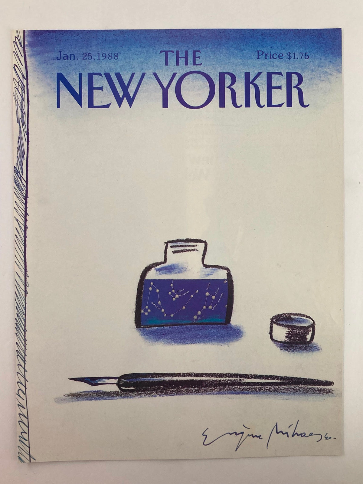 Cover of The New Yorker magazine from January 25, 1988, with blue ink design by Eugene Mihaesco, highlighting an ink bottle, fountain pen, and cap.