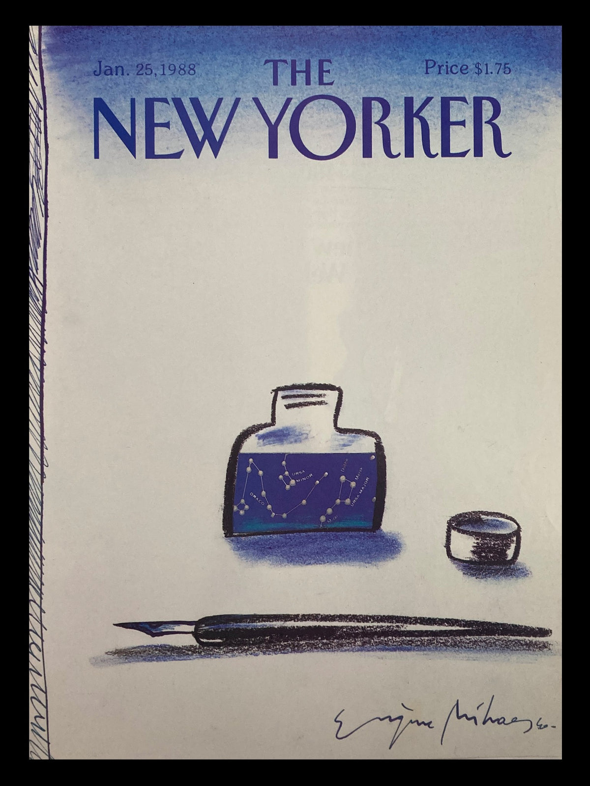 Cover of The New Yorker magazine from January 25, 1988, featuring a blue ink theme by Eugene Mihaesco, showcasing an ink bottle, a pen, and a cap.