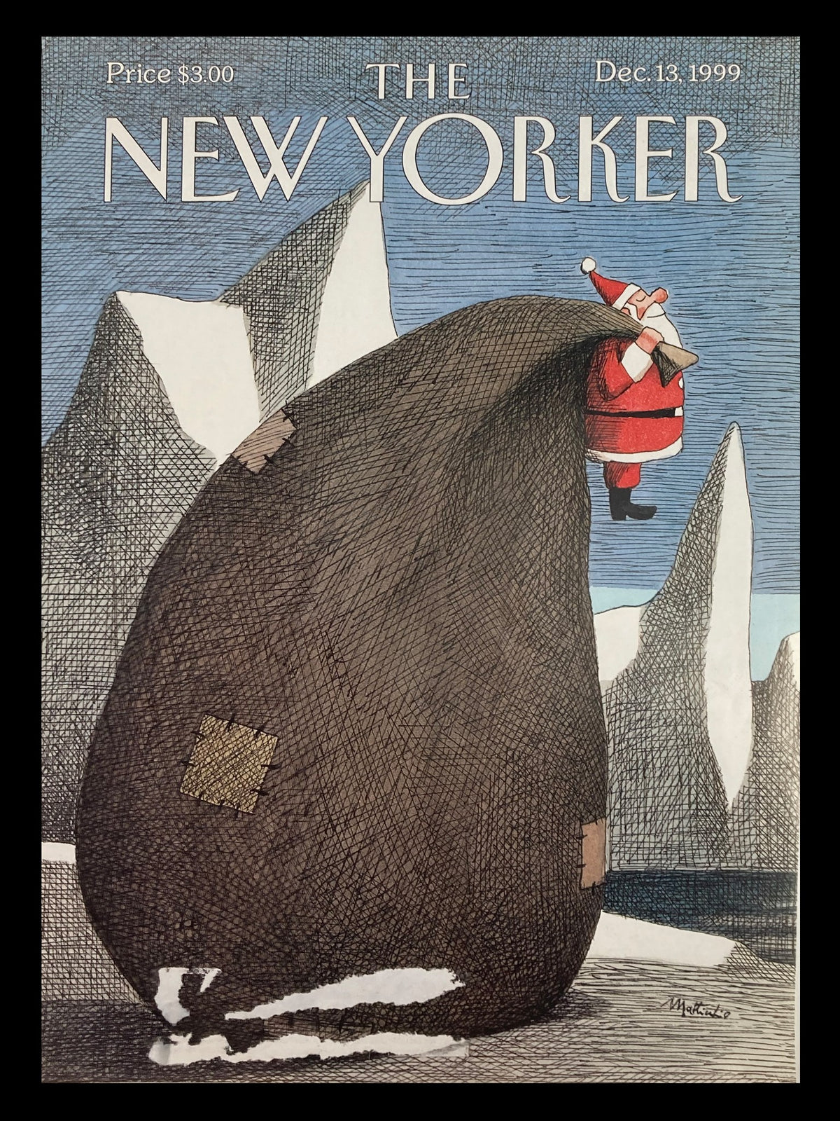 Cover of The New Yorker December 13 1999 titled 'The Big Bag' by Franco Matticchio, featuring a whimsical illustration of Santa Claus and a large bag on a snowy landscape.