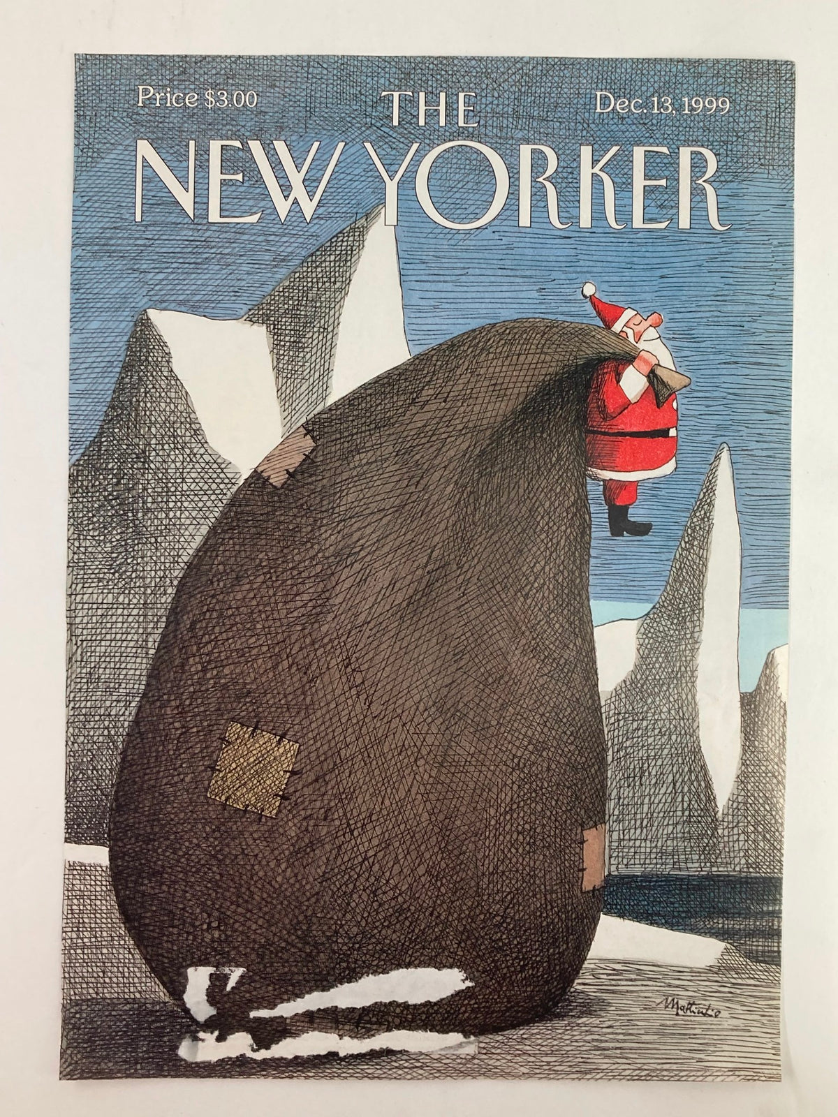 Cover of The New Yorker December 13 1999 titled 'The Big Bag' by Franco Matticchio, showcasing Santa Claus atop a large bag against a backdrop of icy mountains.