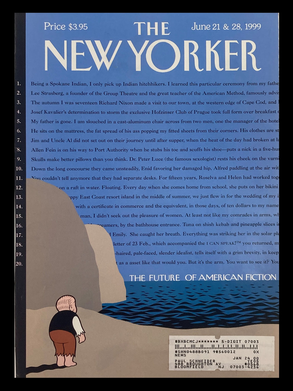 COVER ONLY The New Yorker June 21 1999 The Future of American Fiction, showcasing a scenic illustration of coastal cliffs with a figure gazing towards the ocean, featuring article text and price details.