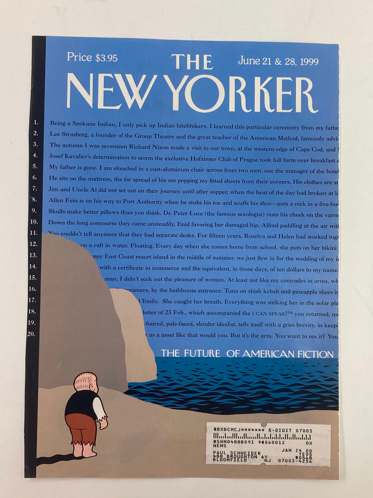 COVER ONLY The New Yorker June 21 1999 The Future of American Fiction, presenting an artistic depiction of rocky shores, including a character observing the sea, with important magazine information displayed.
