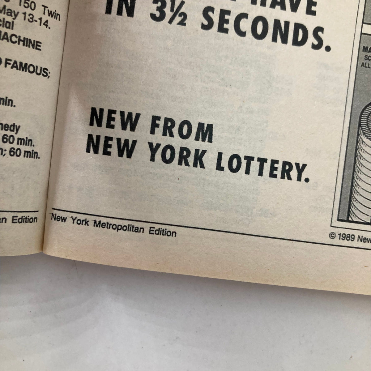 Interior page of TV Guide Magazine May 27 1989, showcasing an advertisement for the New York Lottery, emphasizing vintage television magazine content.