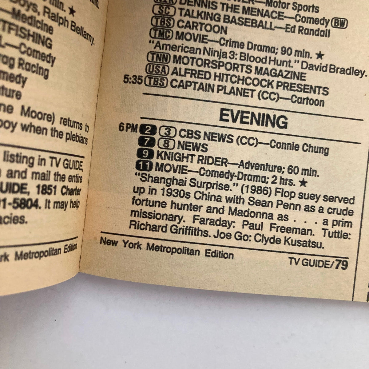 Inside page of TV Guide Magazine January 12 1991, revealing TV listings including popular shows of the era such as 'Knight Rider' and a description of the movie 'Shanghai Surprise'.