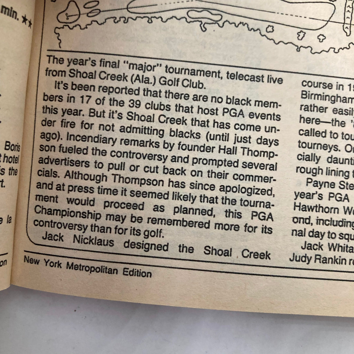 Inside page from TV Guide Magazine August 11 1990 discussing the PGA Championship controversy at Shoal Creek Golf Club, highlighting historical sports context.