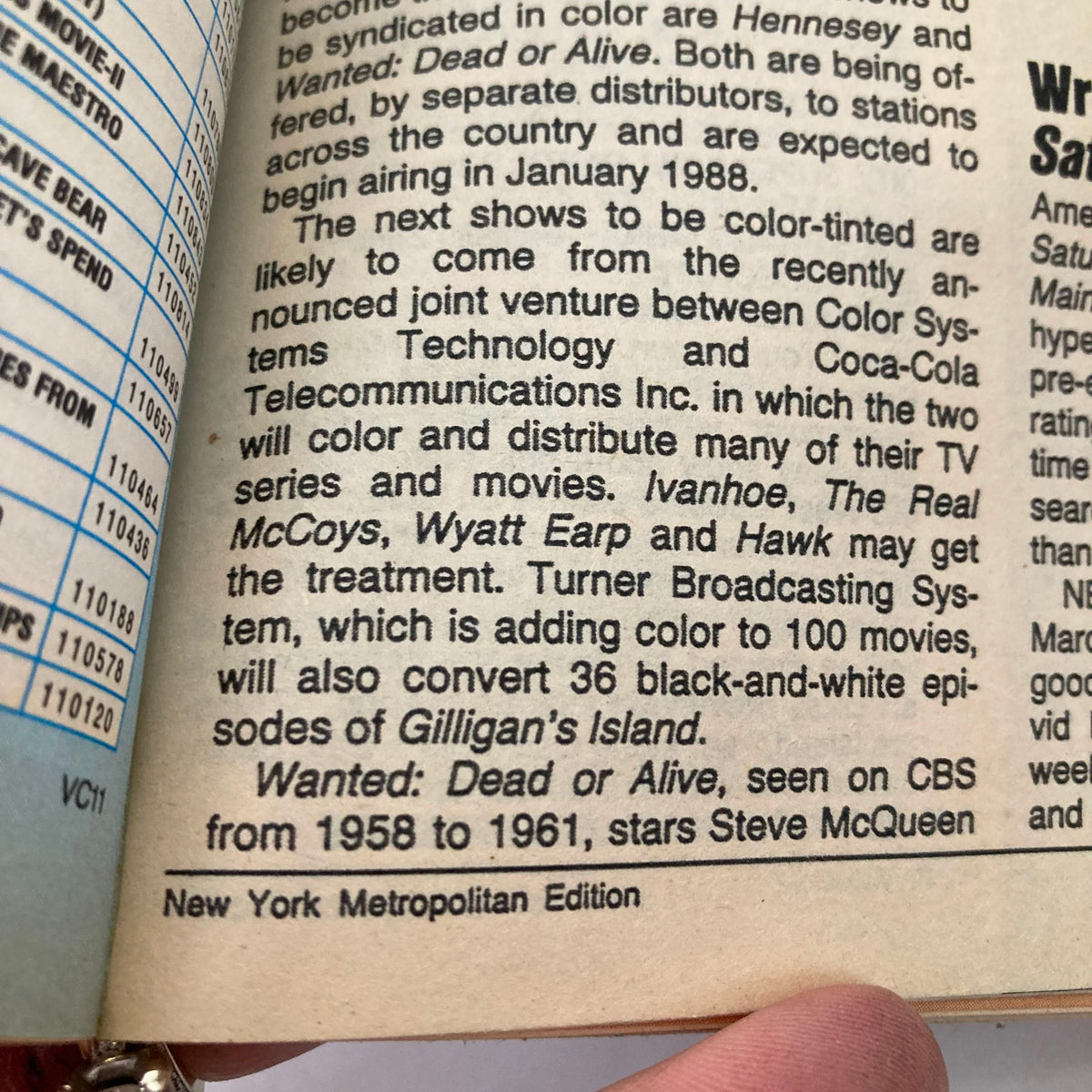 Close-up view of an article page from TV Guide Magazine January 24 1987 featuring content about color syndication for classic TV shows such as Wanted: Dead or Alive and Gilligan's Island, highlighting significant media history.