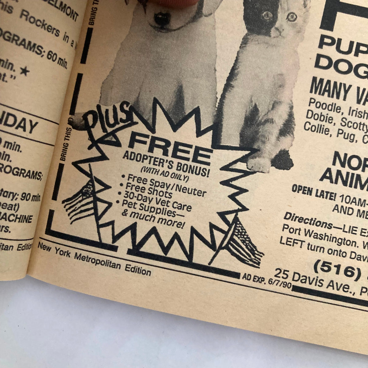 Inside page of TV Guide Magazine from May 26, 1990 highlighting an advertisement for free adopter's bonus including pet adoption details.