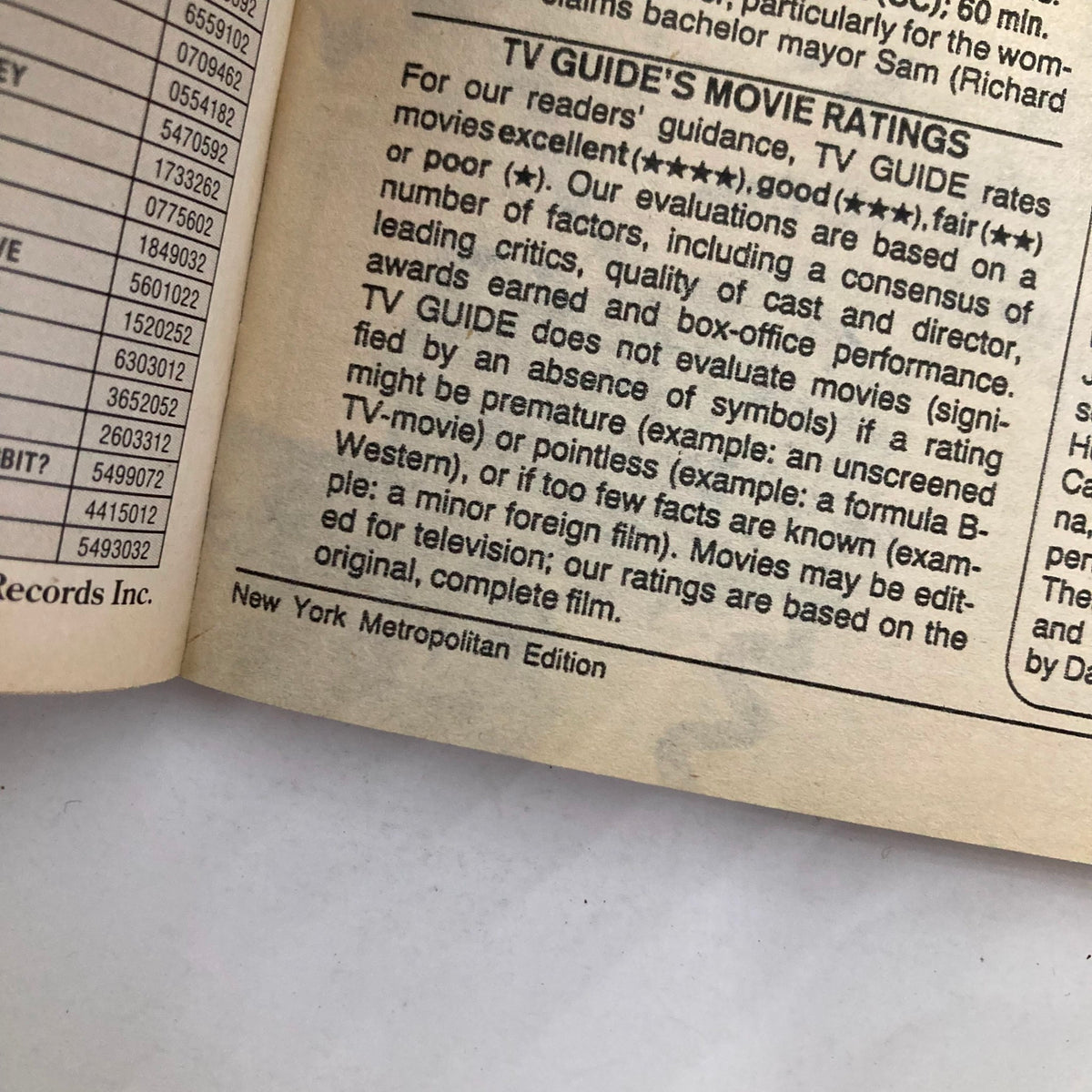 Interior page of the TV Guide Magazine June 2, 1990 showcasing TV Guide's movie ratings system. This page provides insights into how movies are rated, including excellent, good, fair, or poor designations based on various factors. Features the New York Metropolitan Edition label.