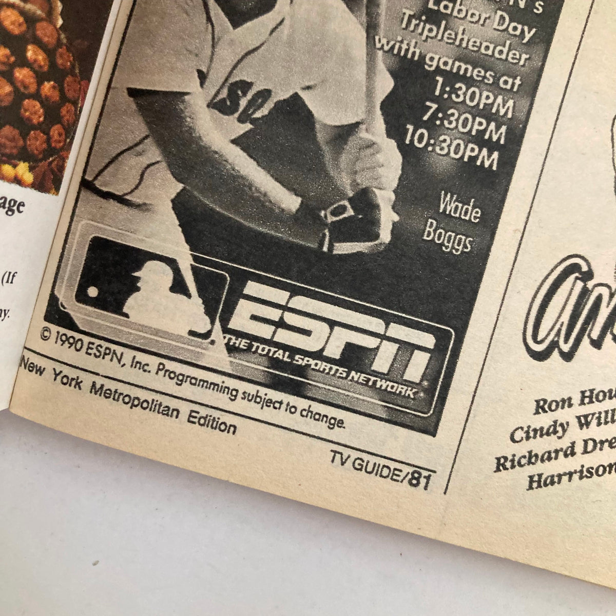 Detail from TV Guide Magazine September 1 1990 featuring sports programming listings and an advertisement for ESPN. Includes mention of Wade Boggs and Labor Day baseball games.