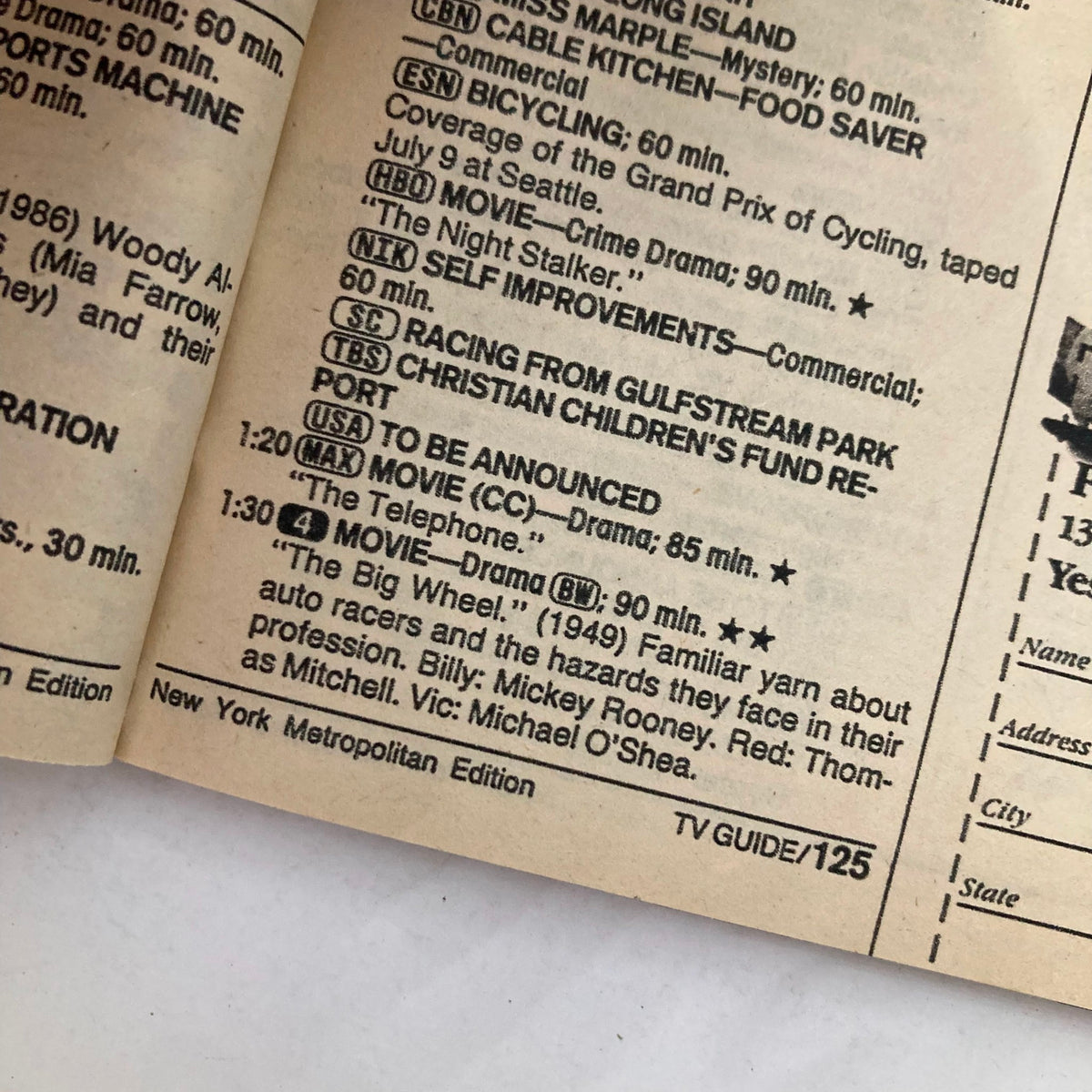 Interior page of TV Guide Magazine February 4, 1989, showcasing television listings including 'The Night Stalker', 'The Telephone', and 'The Big Wheel'.