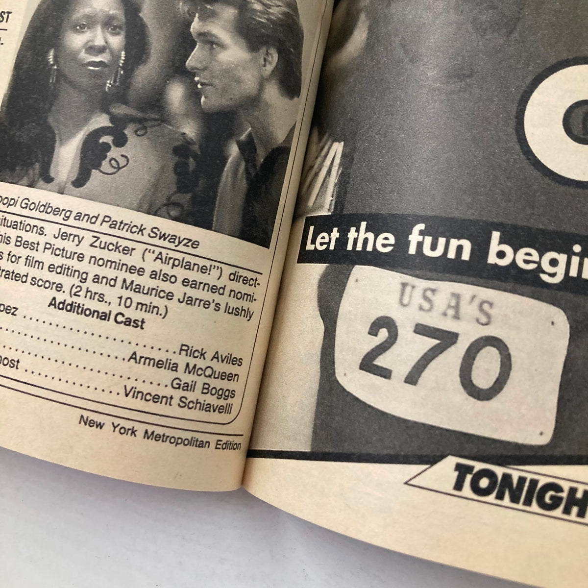 Inside view of the TV Guide Magazine from October 5, 1991, featuring a photo of Whoopi Goldberg and Patrick Swayze along with a television programming schedule, showcasing the pop culture of the era.
