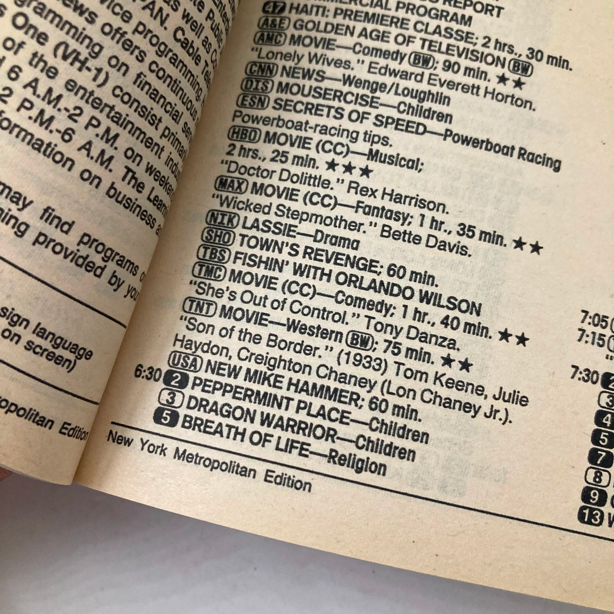 TV Guide Magazine April 13 1991 Delta Burke What's It Cost? NY Metro Ed. - A close-up view of a page showing television programming listings, featuring titles like 'The Movie,' 'Peppermint Place,' and 'Breath of Life.' Includes time slots and network designations, highlighting early 90s television options.