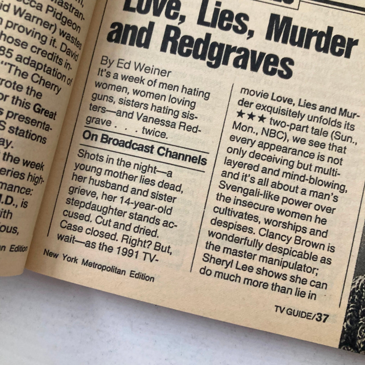 Inside page of TV Guide Magazine February 16 1991 showcasing an article review about the movie 'Love, Lies, Murder and Redgraves', discussing themes of complex relationships and societal perceptions.
