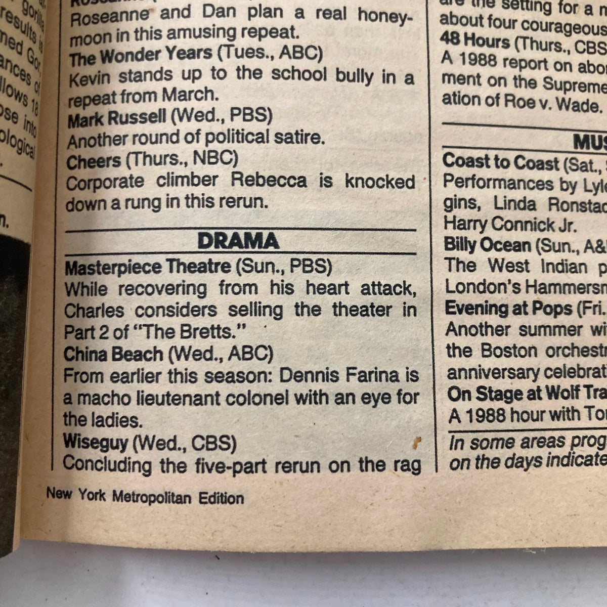 Inside page from the New York Metropolitan Edition of TV Guide Magazine June 17 1989, detailing TV listings and shows from the era.