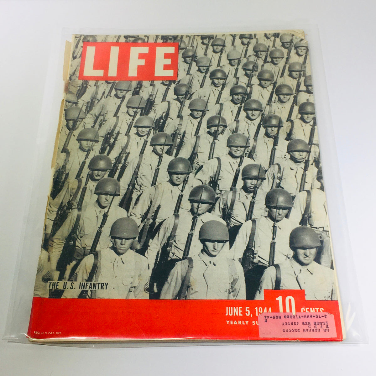 Life Magazine from June 5, 1944, featuring the U.S. Infantry on the cover, showcasing soldiers in formation with helmets and rifles, a vintage collectible reflecting World War II history.