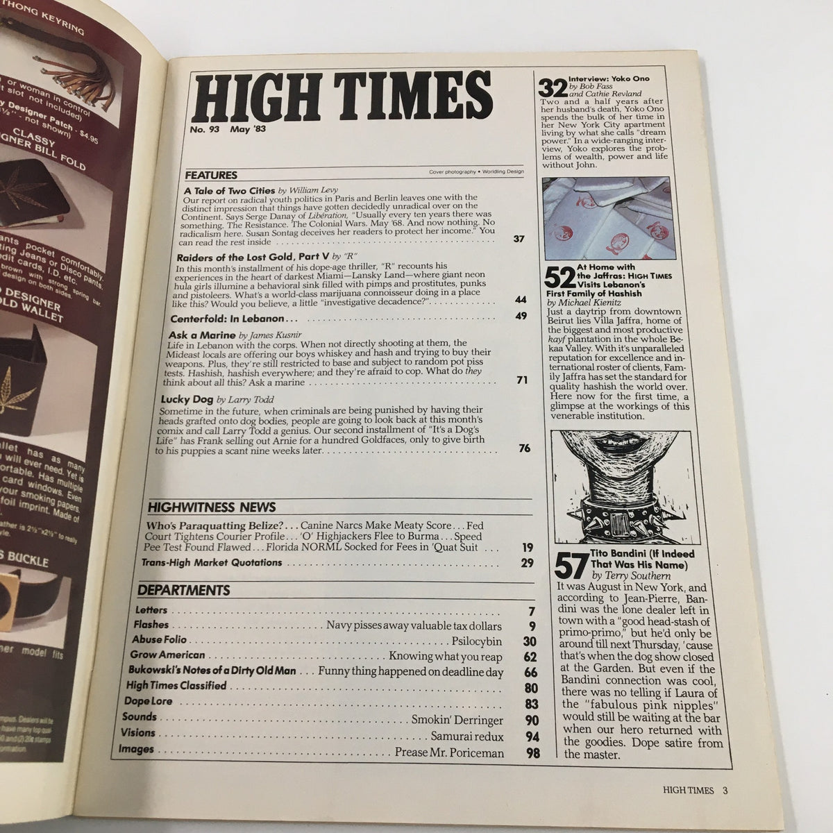 Interior page of VTG High Times Magazine May 1983 displaying the table of contents including features on hash production, cultural commentary, and interviews, showcasing notable articles from that era.