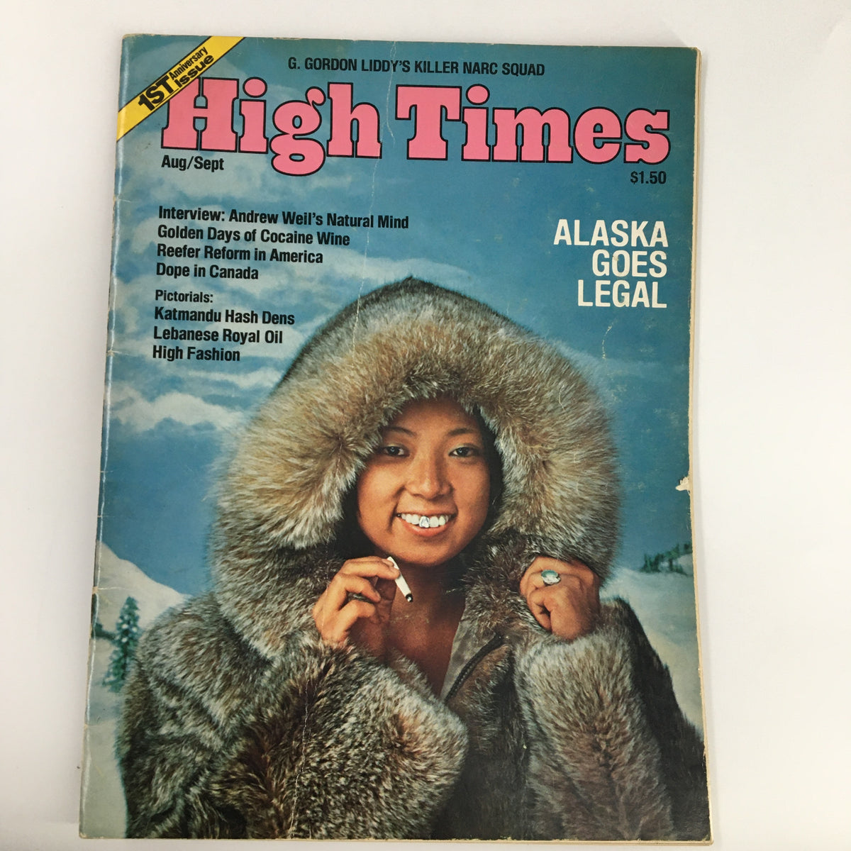 Cover of VTG High Times Magazine August 1975, featuring the title 'The Alaska Goes Legal' with a woman in a fur coat and a cloudy background.