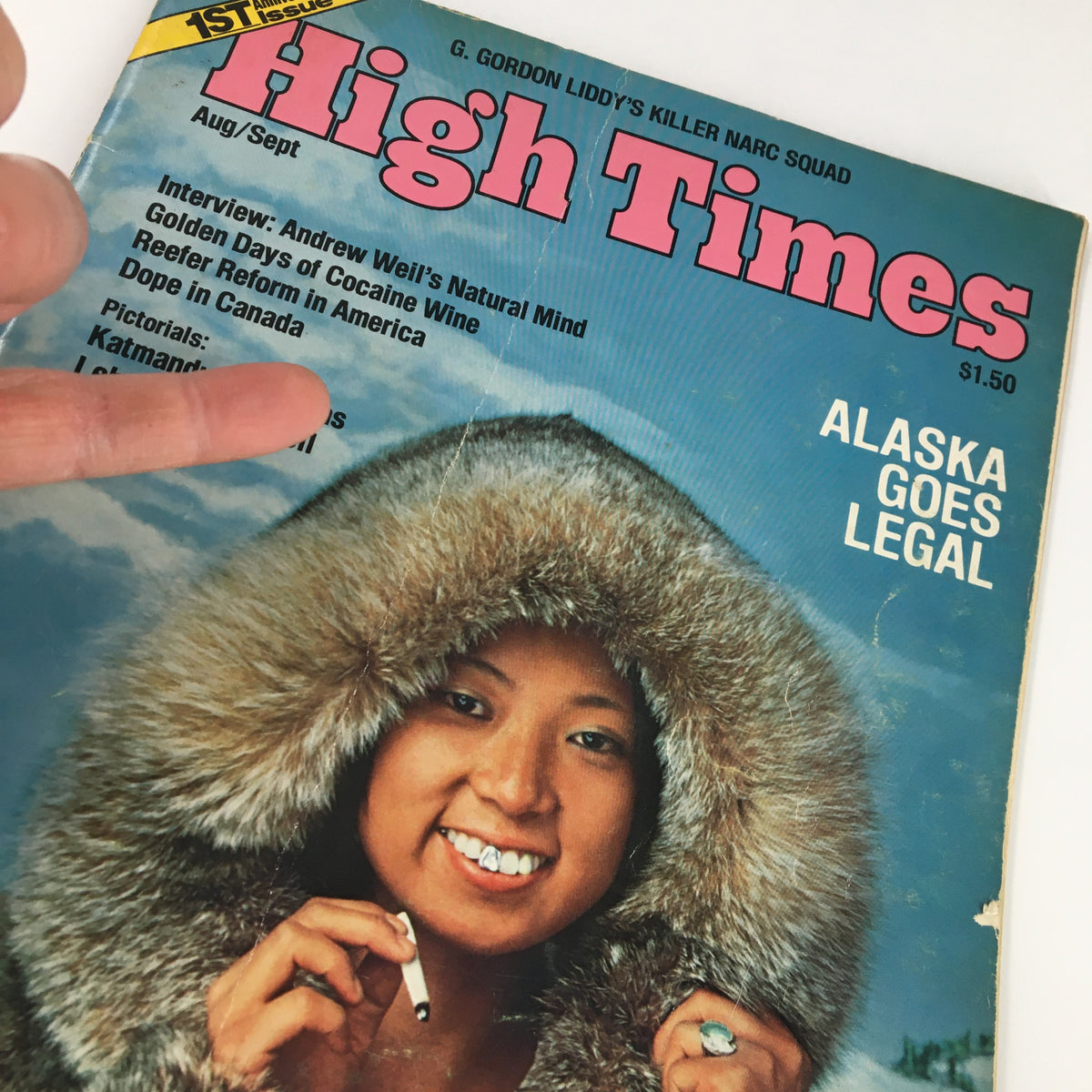 Close-up of the VTG High Times Magazine August 1975 cover, highlighting 'The Alaska Goes Legal' title and additional magazine features.