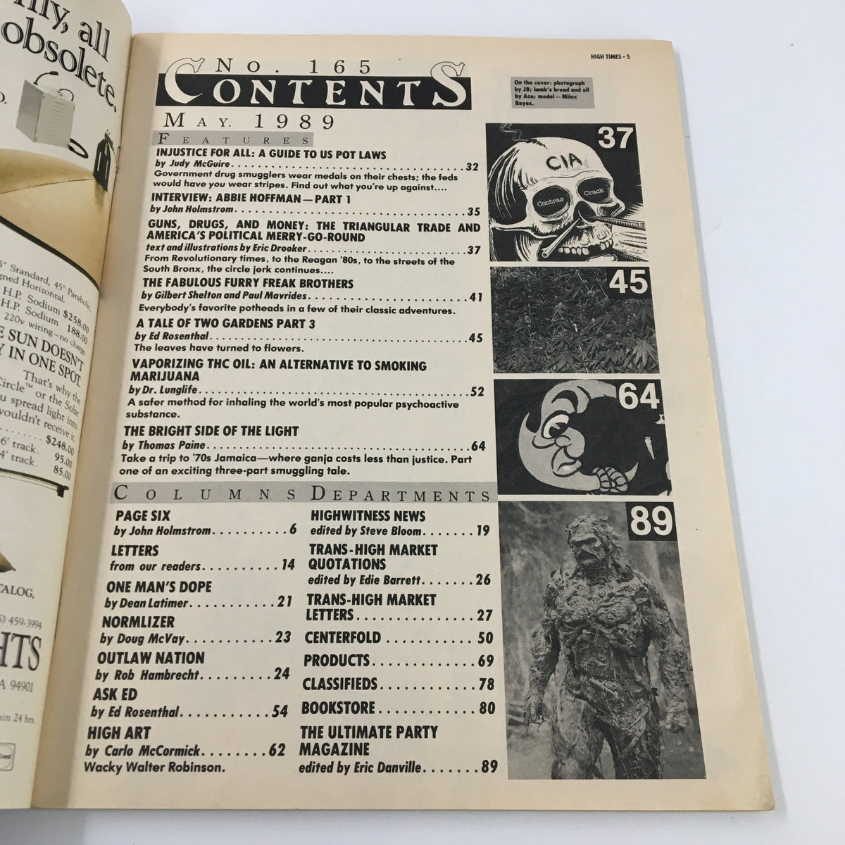 Interior page of the VTG High Times Magazine May 1989 displaying the table of contents outlining features such as interviews, articles on marijuana laws, and cannabis cultivation.