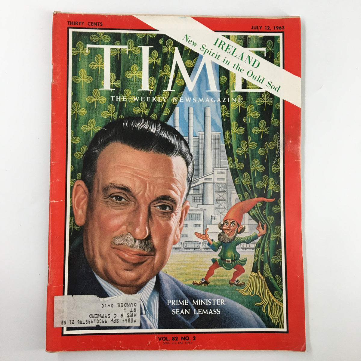 Cover of Time Magazine dated July 12, 1963, Vol 82 #2, featuring Prime Minister Sean Lemass with a backdrop of Irish symbolism, highlighting Ireland's political landscape.