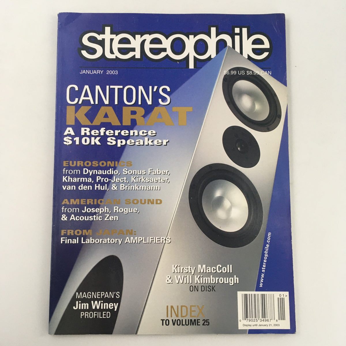 Stereophile Magazine January 2003 featuring Kirsty MacColl and Will Kimbrough on Disk, showcasing audio reviews and an image of a high-end speaker on the cover.