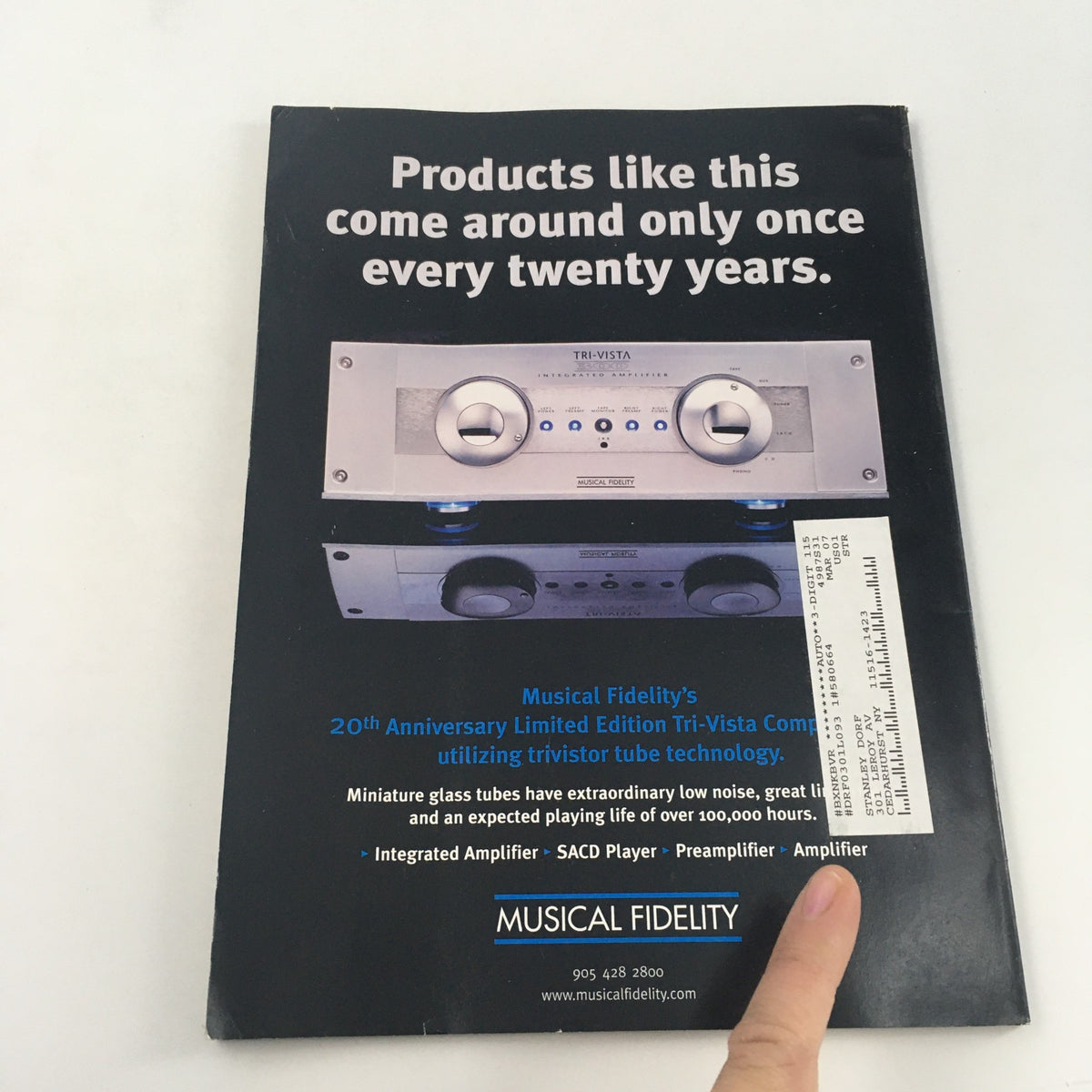 Back cover of Stereophile Magazine January 2003 displaying an advertisement for Musical Fidelity's Tri-Vista Com, highlighting its features as a limited edition integrated amplifier and SACD player.