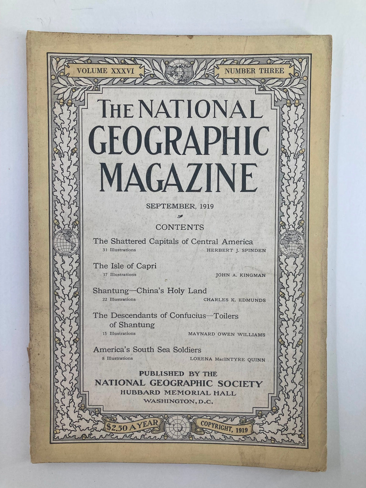 Vintage National Geographic Magazine cover from September 1919 featuring the title 'Toilers of Shantung' and contents including articles on Central America and Shantung.