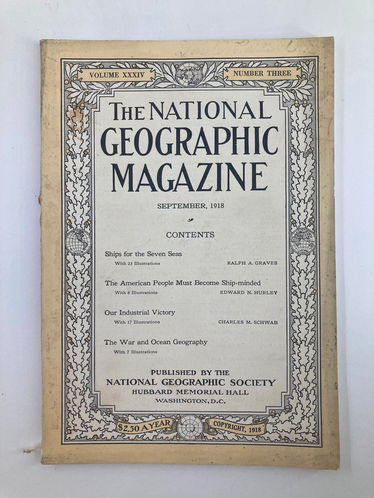 Cover page of VTG The National Geographic Magazine September 1918 featuring articles on maritime activities, warfare impacts, and ocean geography.