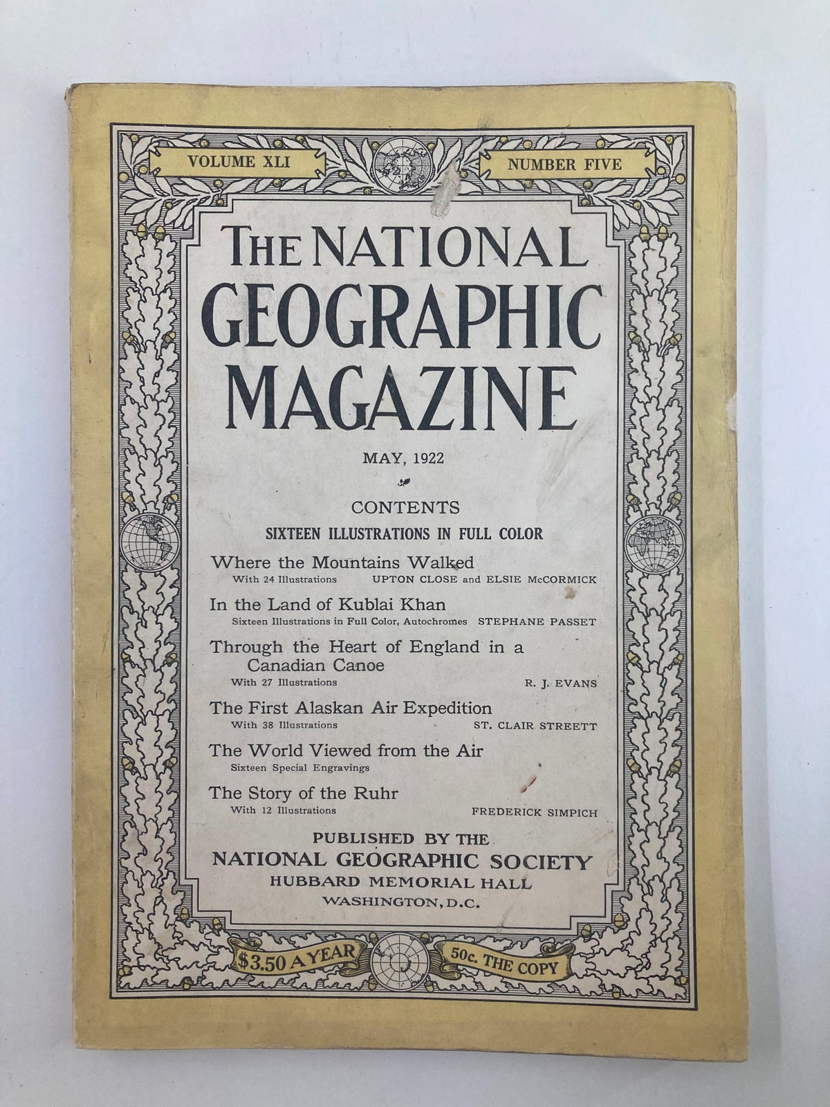 Cover of VTG The National Geographic Magazine May 1922 featuring the title and contents, including articles about Kublai Khan, with an emphasis on exploration and cultural richness.