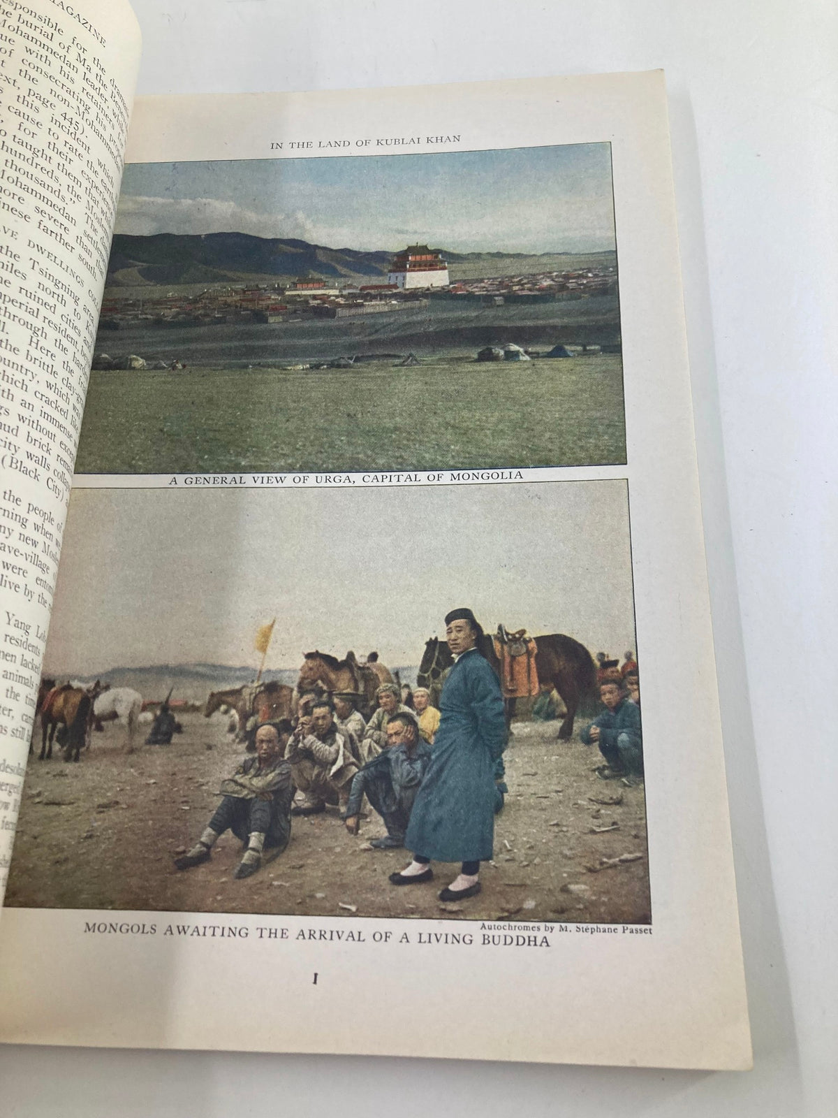 Illustrated pages from the National Geographic Magazine May 1922, showcasing a color view of Ulaanbaatar, Mongolia, and Mongolian people awaiting a living Buddha.