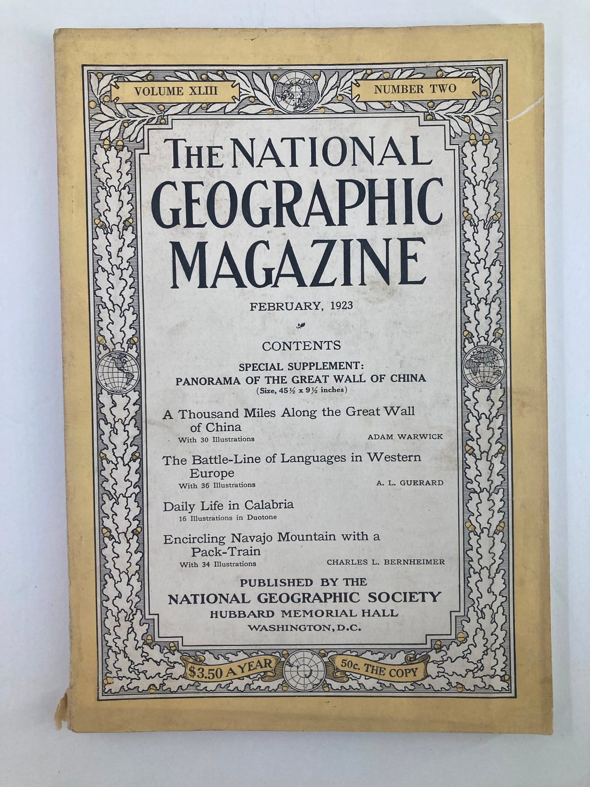 Cover of The National Geographic Magazine, February 1923 edition, featuring the title, volume number, and contents including a special supplement on the Great Wall of China.