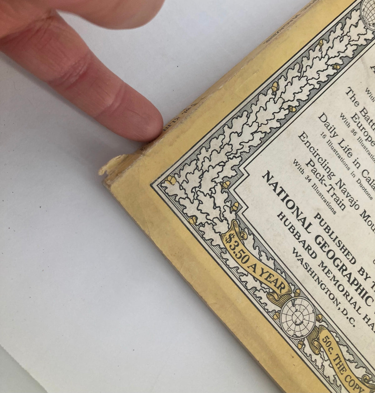 Detailed view of the spine of The National Geographic Magazine, February 1923 edition, showing minor wear typical for its age.