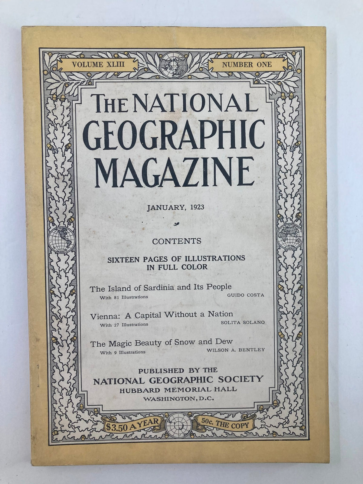 Cover of the VTG The National Geographic Magazine January 1923 issue featuring the title and contents, including articles on the Island of Sardinia and Vienna, published by the National Geographic Society.