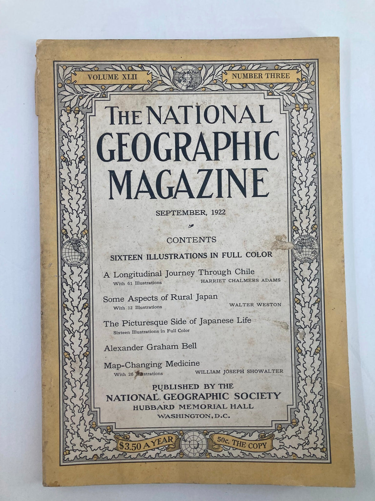 Vintage edition of The National Geographic Magazine from September 1922 featuring contents on Japanese life, rural Japan, and medical practices, showcasing early 20th-century journalism.