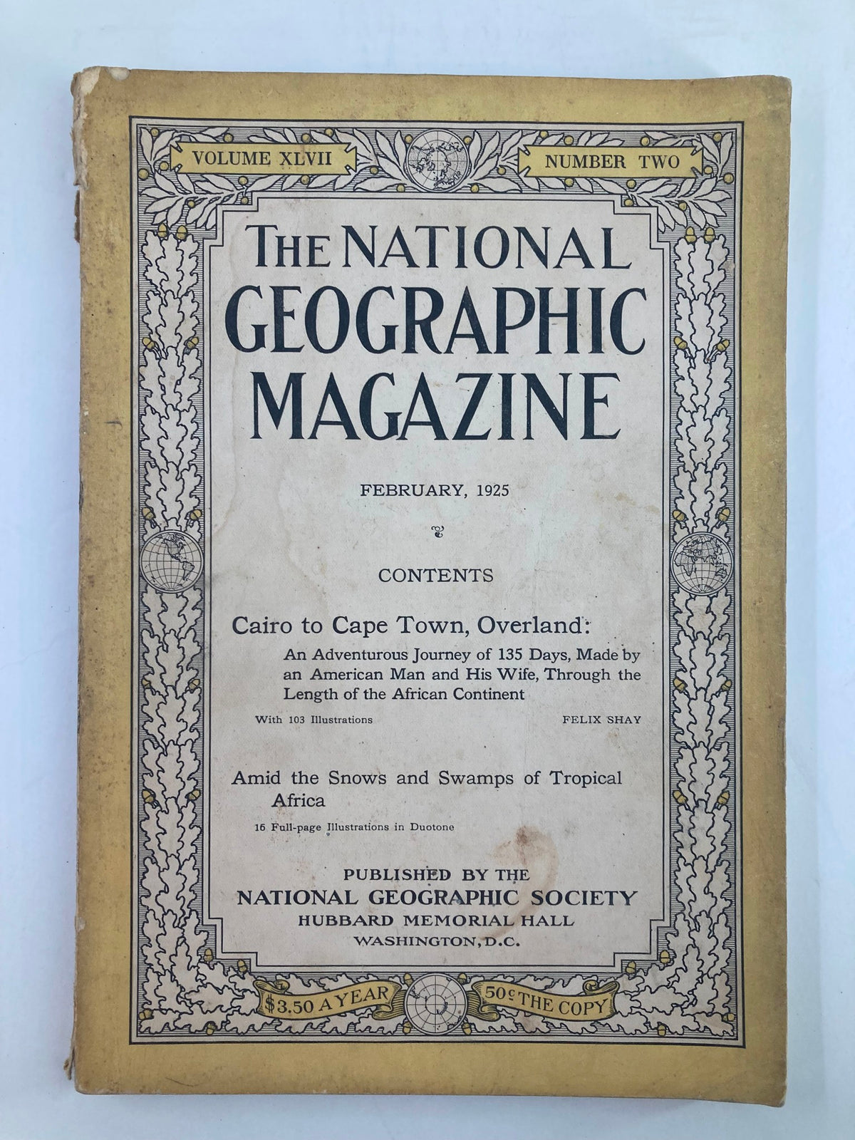 Cover of the vintage National Geographic Magazine - February 1925 featuring the title 'Cairo to Cape Town', showcasing exploration themes with a historical aesthetic.