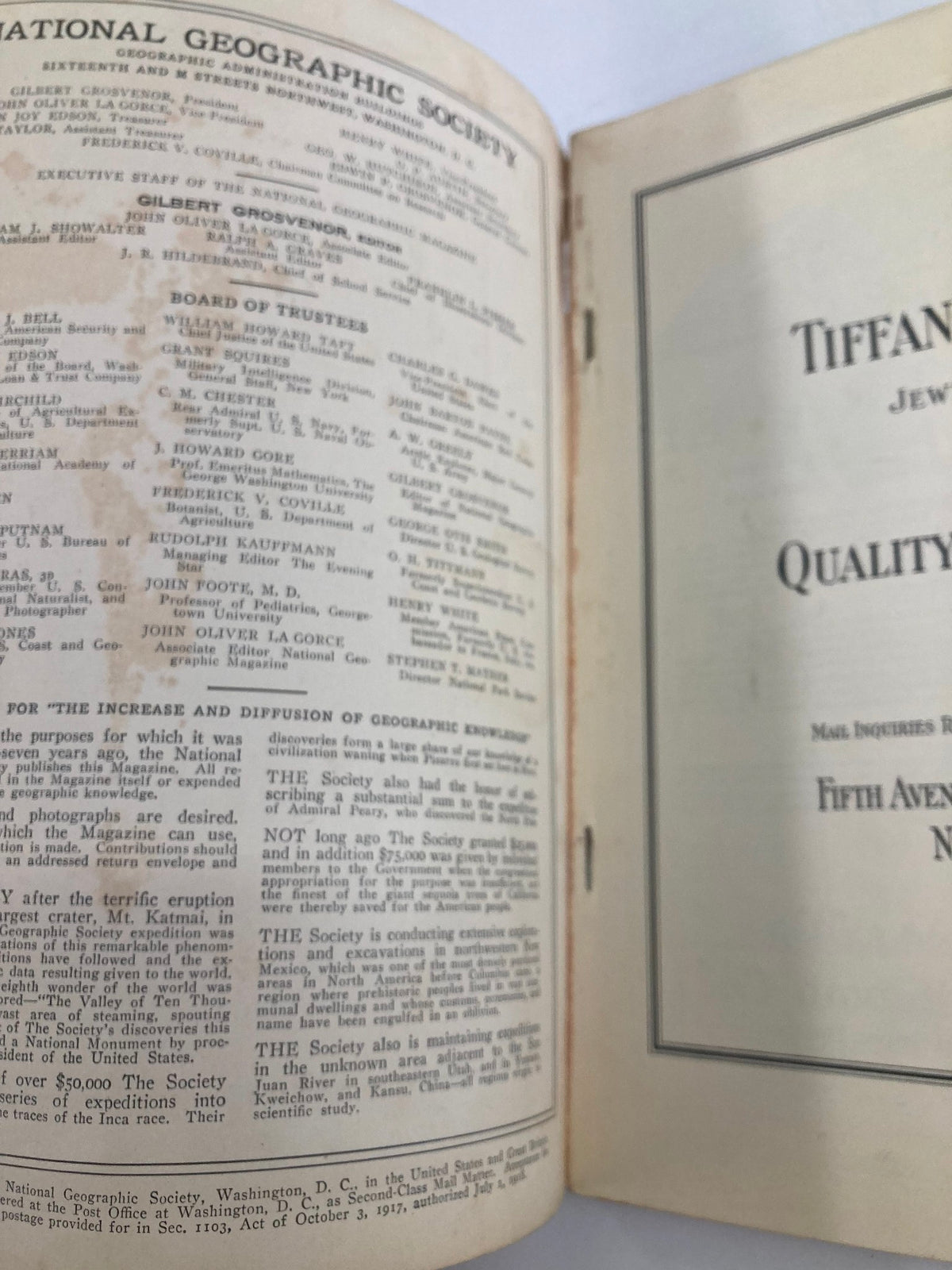 Inside view of VTG The National Geographic Magazine February 1925, showcasing the National Geographic Society's trustee list.