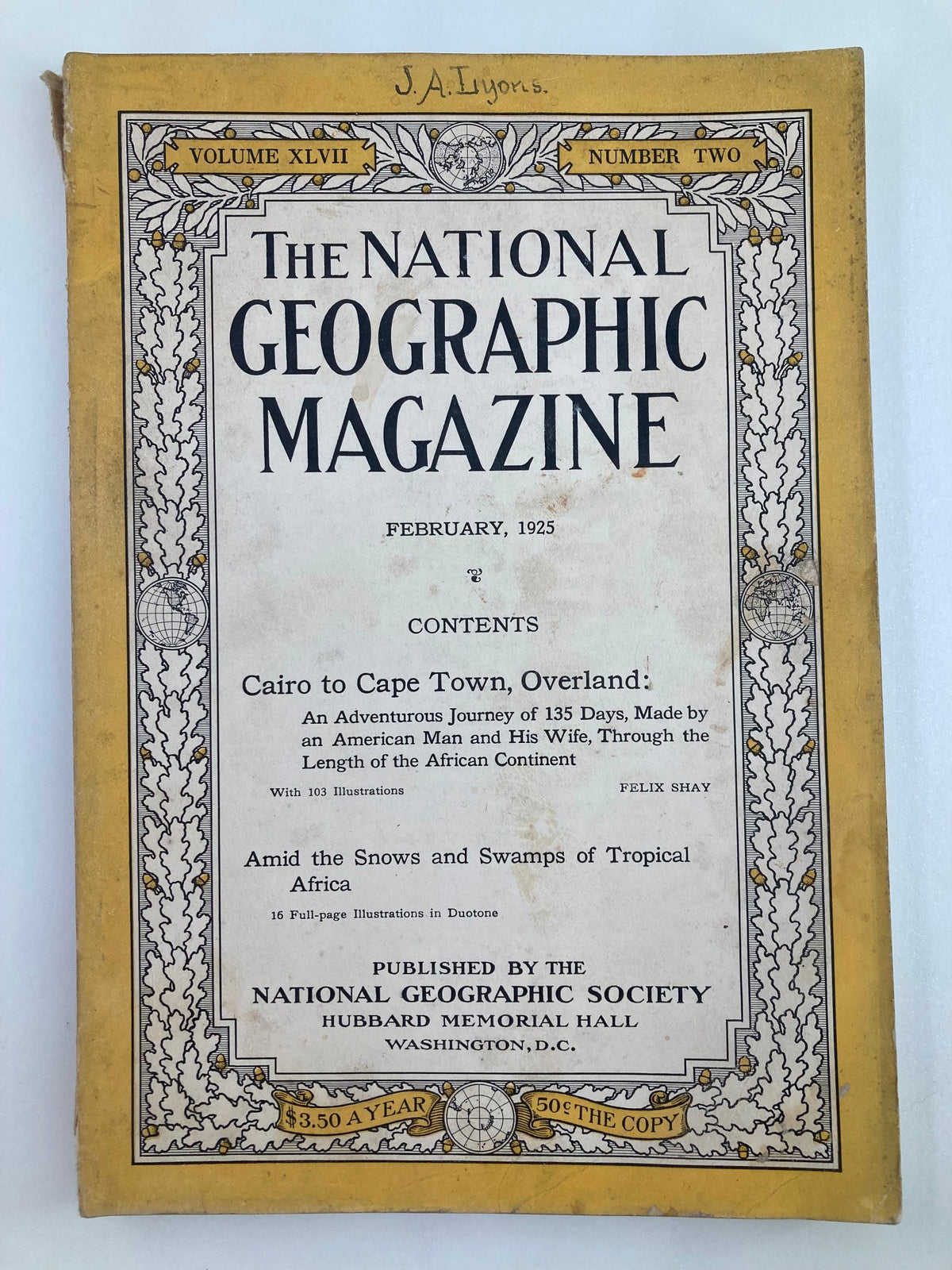 Vintage The National Geographic Magazine February 1925 front cover showcasing the theme 'Swamps of Africa' with intricate design and publication details.